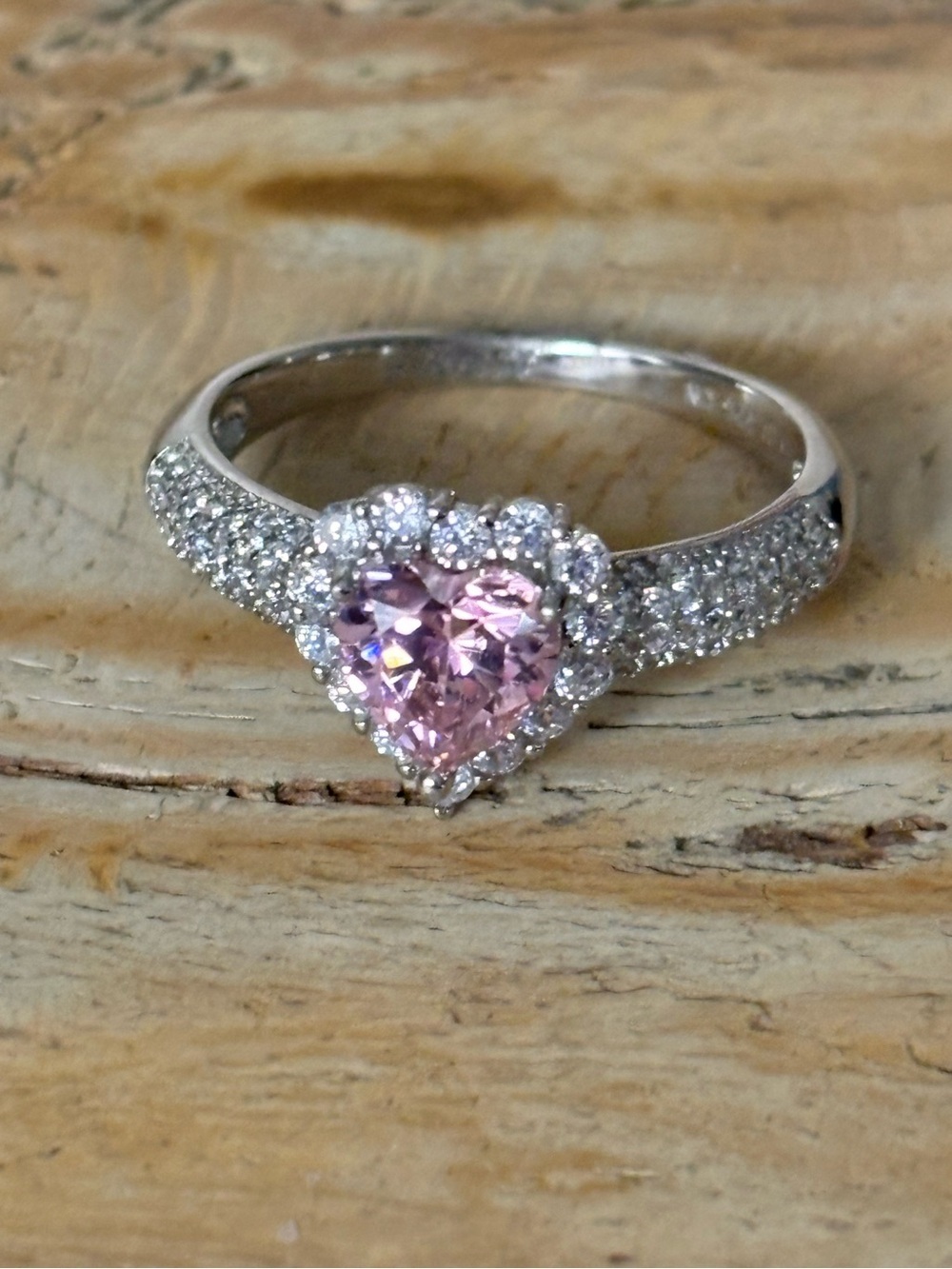 Sterling Silver Pink Heart Halo Ring